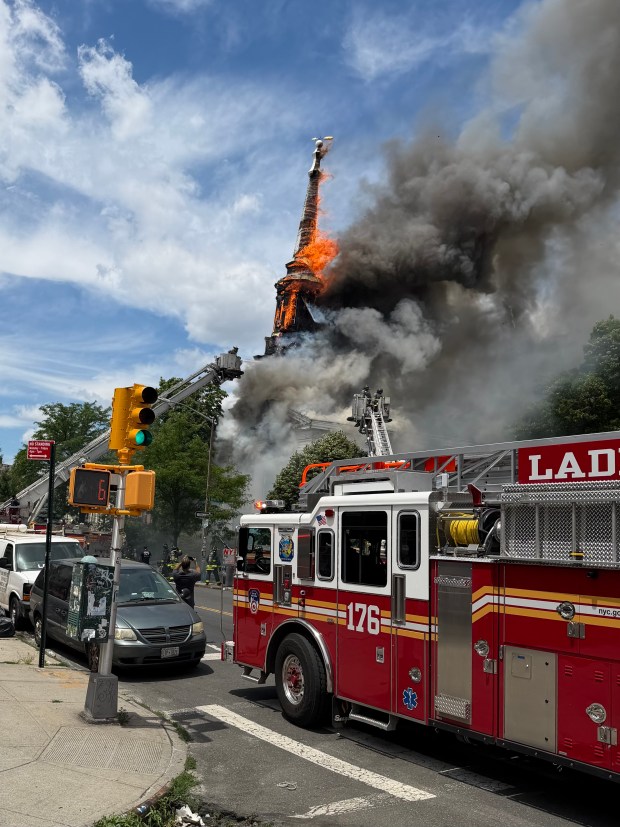 FDNY firefighters are pictured at the scene of a three-alarm fire at South Bushwick Reformed Church on Bushwick Ave. in Brooklyn on Friday, June 19, 2026. (FDNY/X)