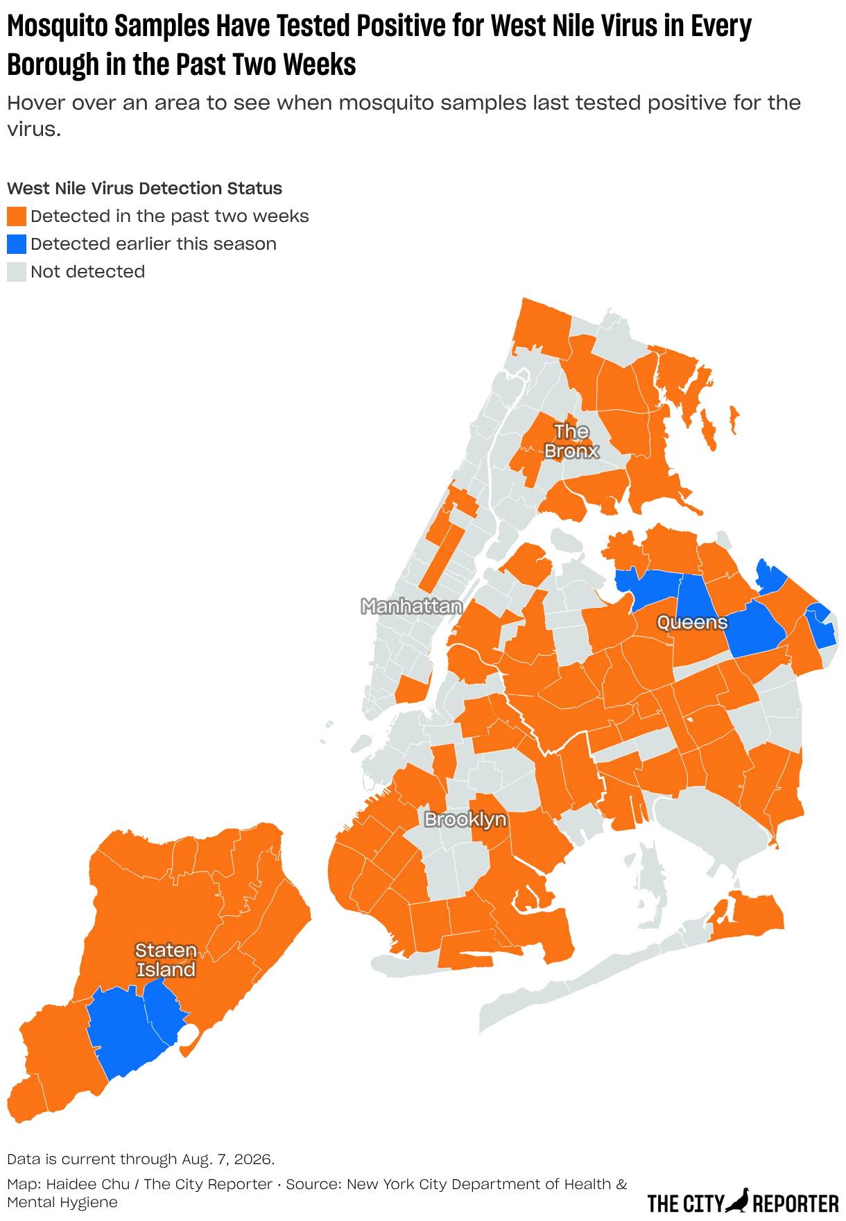Mosquito Samples Have Tested Positive for West Nile Virus in Every Borough in the Past Two Weeks (Choropleth map)