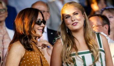 Queen Mary is all smiles in a chic polka-dot dress as Princess Amalia shines in white and emerald green
