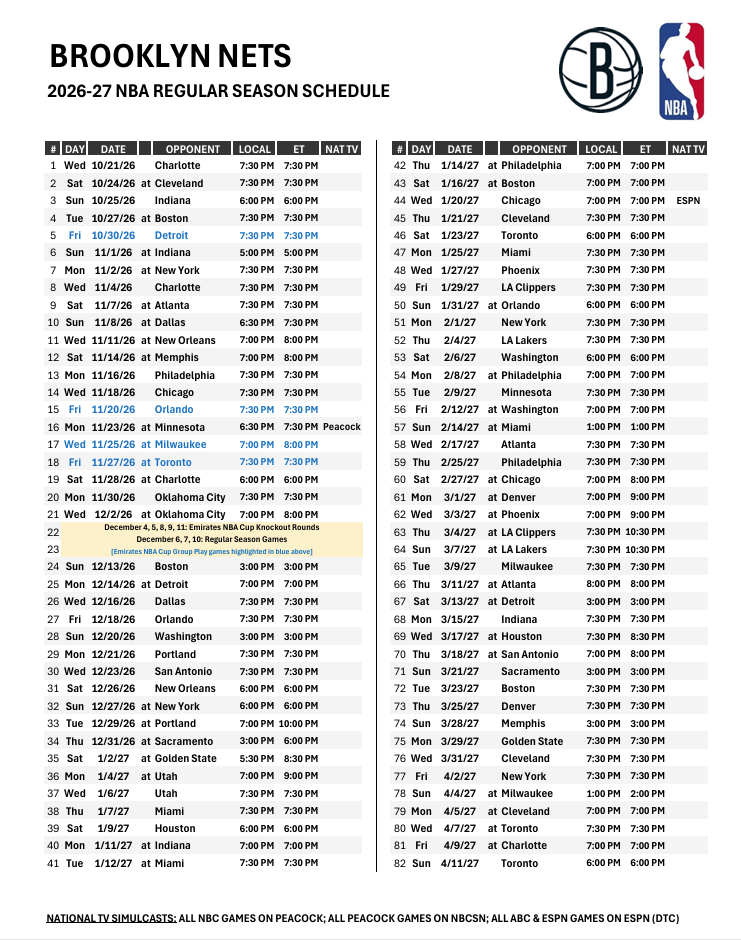Brooklyn Nets Announce 2026-27 Season Schedule – YES Network