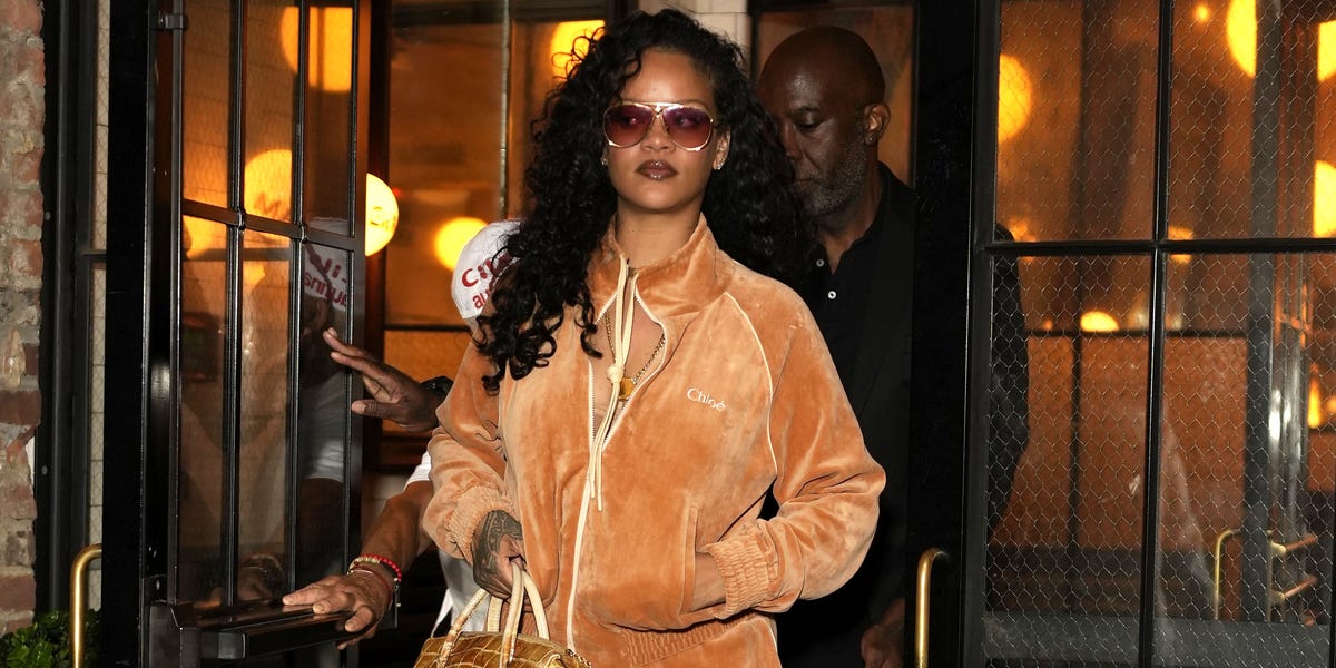 Rihanna Gets Dinner in New York City Wearing a Creamsicle Velvet Tracksuit From Chloé