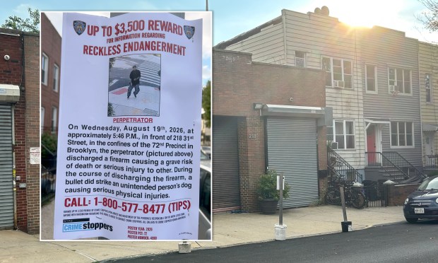 A NYPD wanted poster (inset) is seen on 31st St. near 5th Ave. in Brooklyn (main photo) where a man shot a Labradoodle dog on Thursday.