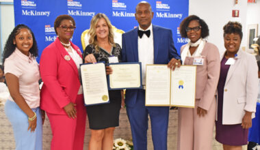 NYC Health + Hospitals/McKinney Executive Leadership and others join LeadingAge New York Senior Director of ProCare and Education Analyst Carrie Mosley to present a resolution from the New York State Legislature recognizing Kurt Bartholomew.