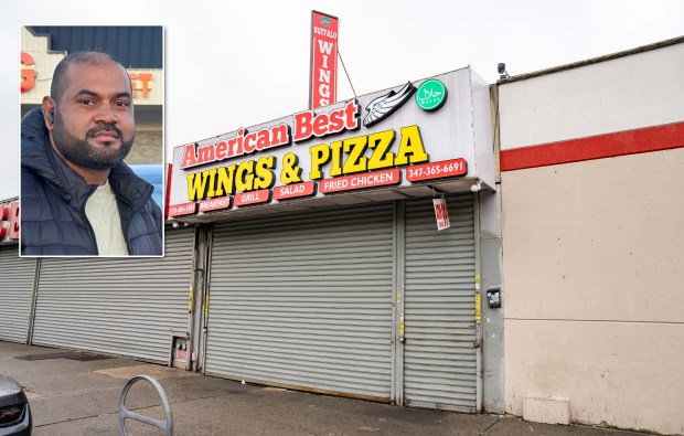 Cops say Jesus Acosta shot 44-year-old MD Yousuf (inset) to death moments after midnight Sunday inside American Best Wings & Pizza on Rockaway Ave. in Brownsville, where the victim worked. Another worker there, age 39, was shot in the leg and is recovering, police said. (Theodore Parisienne / New York Daily News; Obtained by Daily News)