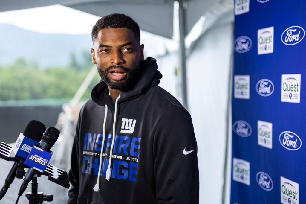 New York Giants wide receiver Darius Slayton speaking with the media.