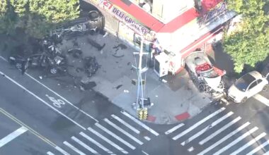 Pedestrian, 2 others hurt when 2 cars crash and jump curb in Inwood, Manhattan; parked vehicles also damaged