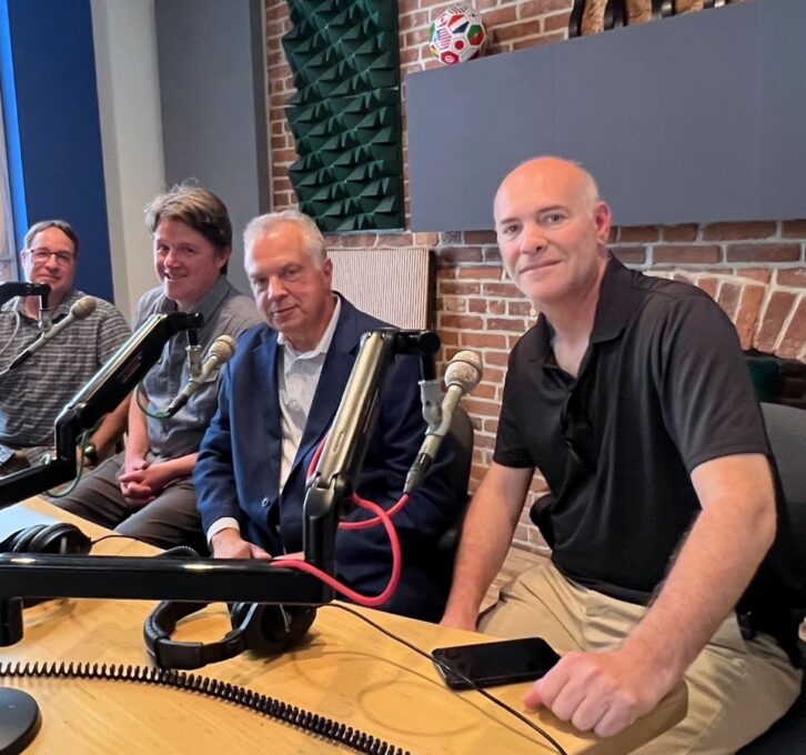 Arthur Anderson, Brian McKinley, Tom Kaminski and Andrew Schmertz, from left, are shown at Radio Waves Studios working on the radio special.