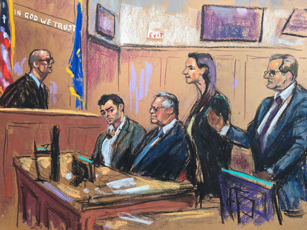 Luigi Mangione, the suspect in the murder of UnitedHealth Group executive Brian Thompson, sits next to his defense attorneys Karen Friedman Agnifilo and Marc Agnifilo, and a prosecutor Joel Seidemann during a pre-trial hearing before New York State Justice Gregory Carro at Manhattan Criminal Court in New York City, New York, U.S., August 11, 2026 in this courtroom sketch. REUTERS/Jane Rosenberg