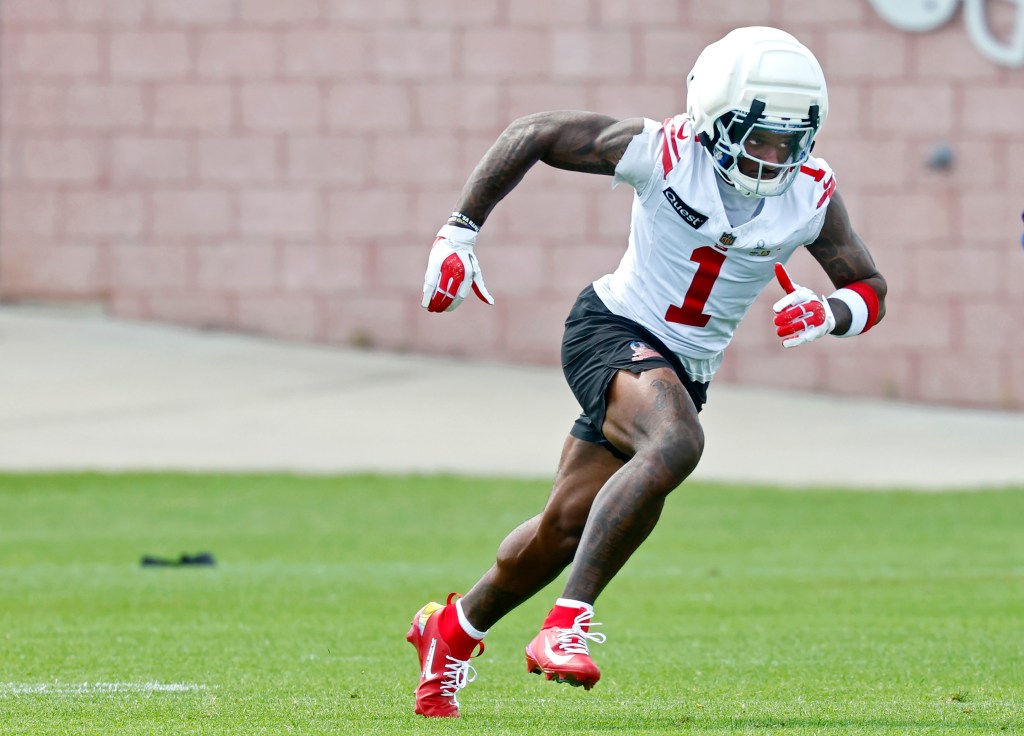 New York Giants wide receiver Malik Nabers (1) during football practice.