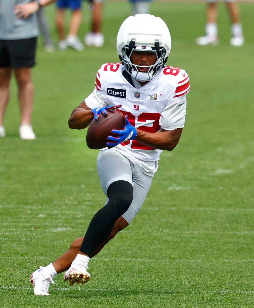 Giants wide receiver Calvin Austin III (82) during football practice on Tuesday, Aug. 25, 2026, in East Rutherford, N.J.