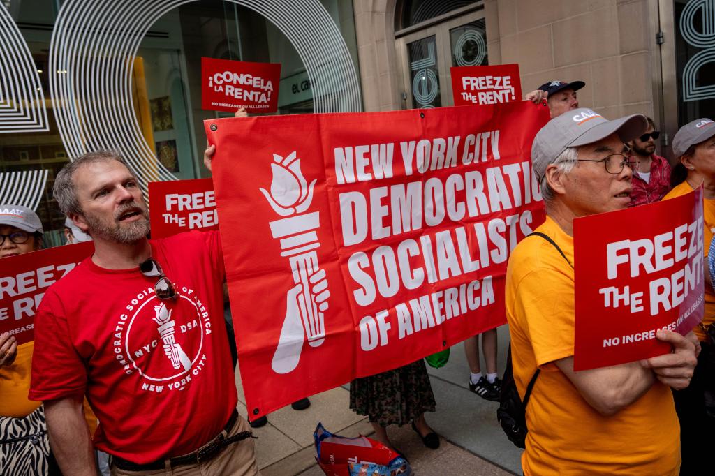 Demonstrators hold a "Democratic Socialists of America" banner and "Freeze the Rent" signs at a protest.