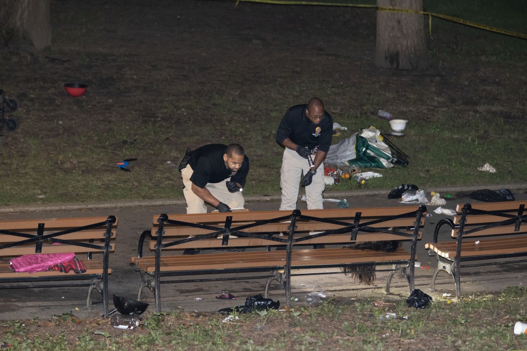 Crime scene police officers are seen at the scene of a fatal stabbing in Lincoln Terrace/ Arthur S Somers Park on Rochester Ave. and Eastern Parkway in Brooklyn on Tuesday, August 18, 2026. A 30-year-old female victim was stabbed multiple times and taken to Brookdale Hospital, and no arrests have been made.