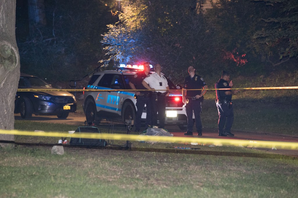 Police are seen at the scene of a stabbing in Lincoln Terrace/ Arthur S Somers Park on Rochester Ave. and Eastern Parkway in Brooklyn on Tuesday, August 18, 2026. A 30-year-old female victim was stabbed multiple times and taken to Brookdale Hospital in critical condition following a dispute.