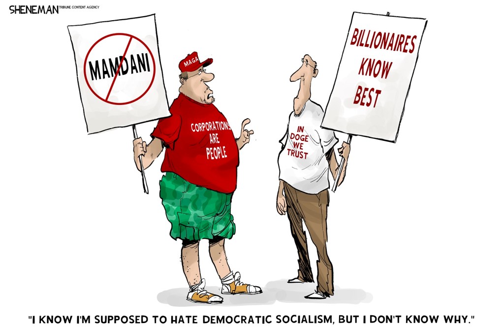 A cartoon by Drew Sheneman showing MAGA supporters against Mamdani