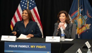 New York Attorney General Letitia James, left, and Gov. Kathy Hochul announced the final regulations implementing the SAFE for Kids Act on July 29. The rules require social media companies to restrict algorithmically personalized feeds and overnight notifications for users under 18 unless they have parental consent.