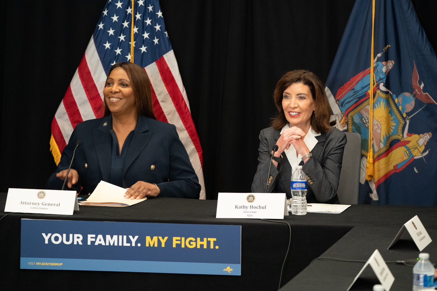 New York Attorney General Letitia James, left, and Gov. Kathy Hochul announced the final regulations implementing the SAFE for Kids Act on July 29. The rules require social media companies to restrict algorithmically personalized feeds and overnight notifications for users under 18 unless they have parental consent.