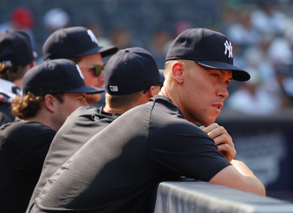 New York Yankees Aaron Judge watch the Yankees in the dugout when the New York Yankees played the Seattle Mariners Thursday, August 13, 2026 at Yankee Stadium in the Bronx, NY.