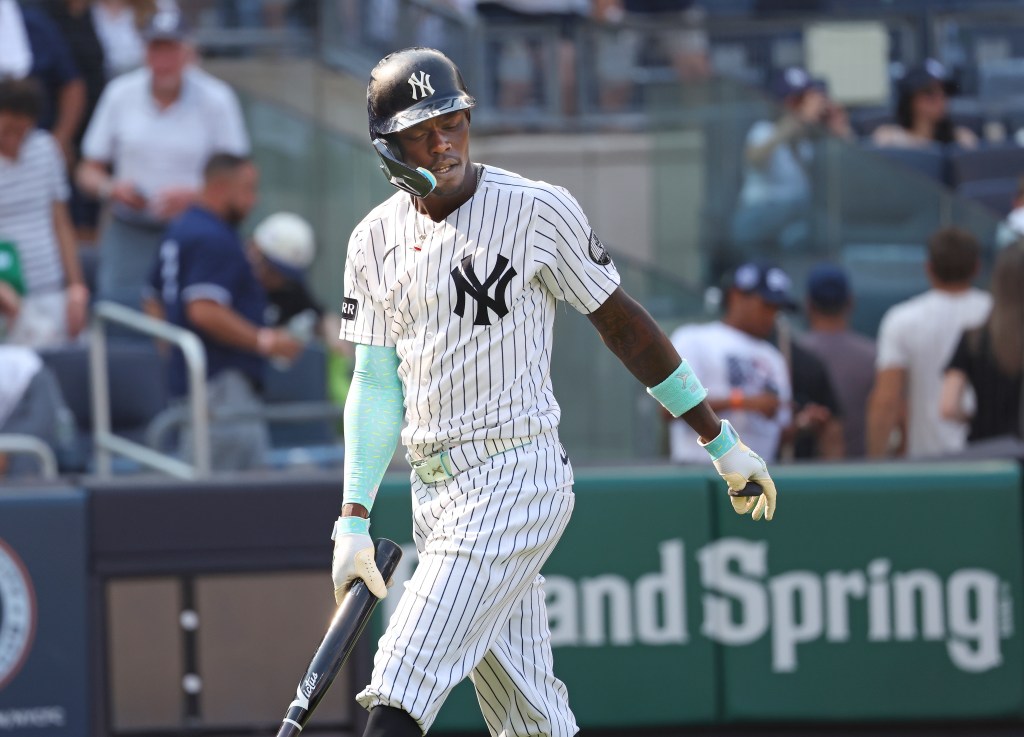 New York Yankees second baseman Jazz Chisholm Jr. (13) strikes out swinging to end the game when the New York Yankees played the Seattle Mariners Thursday, August 13, 2026 at Yankee Stadium in the Bronx, NY. 