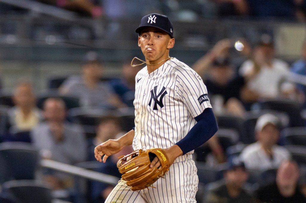 New York Yankees player in uniform on the field.