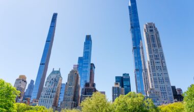 View of Midtown Manhattan skyscrapers rising above the trees of Central Park on a clear day.