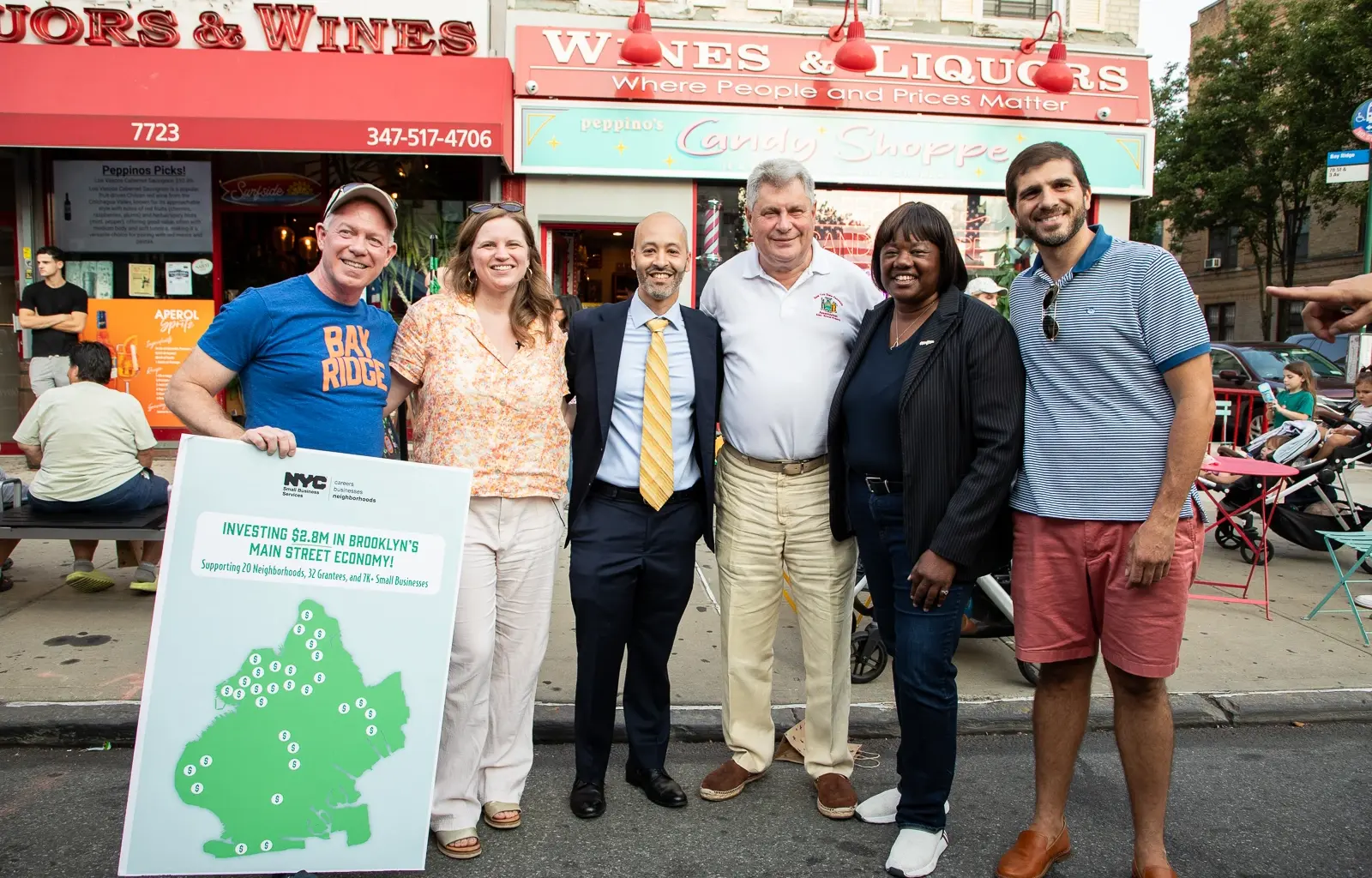 Left to right: Randy Peers, president of the Brooklyn Chamber of Commerce; Council Member Kayla Santosuosso, NY-47; Kenny Minaya, commissioner of the NYC Department of Small Business Services; Assembly Member Alec Brook-Krasny, NY-46; Reverend Kim Council, deputy borough president of Brooklyn; and New York State Senator Andrew Gounardes. Photo: Julie Thompson/Brooklyn Eagle