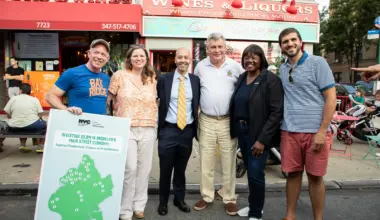 Left to right: Randy Peers, president of the Brooklyn Chamber of Commerce; Council Member Kayla Santosuosso, NY-47; Kenny Minaya, commissioner of the NYC Department of Small Business Services; Assembly Member Alec Brook-Krasny, NY-46; Reverend Kim Council, deputy borough president of Brooklyn; and New York State Senator Andrew Gounardes. Photo: Julie Thompson/Brooklyn Eagle