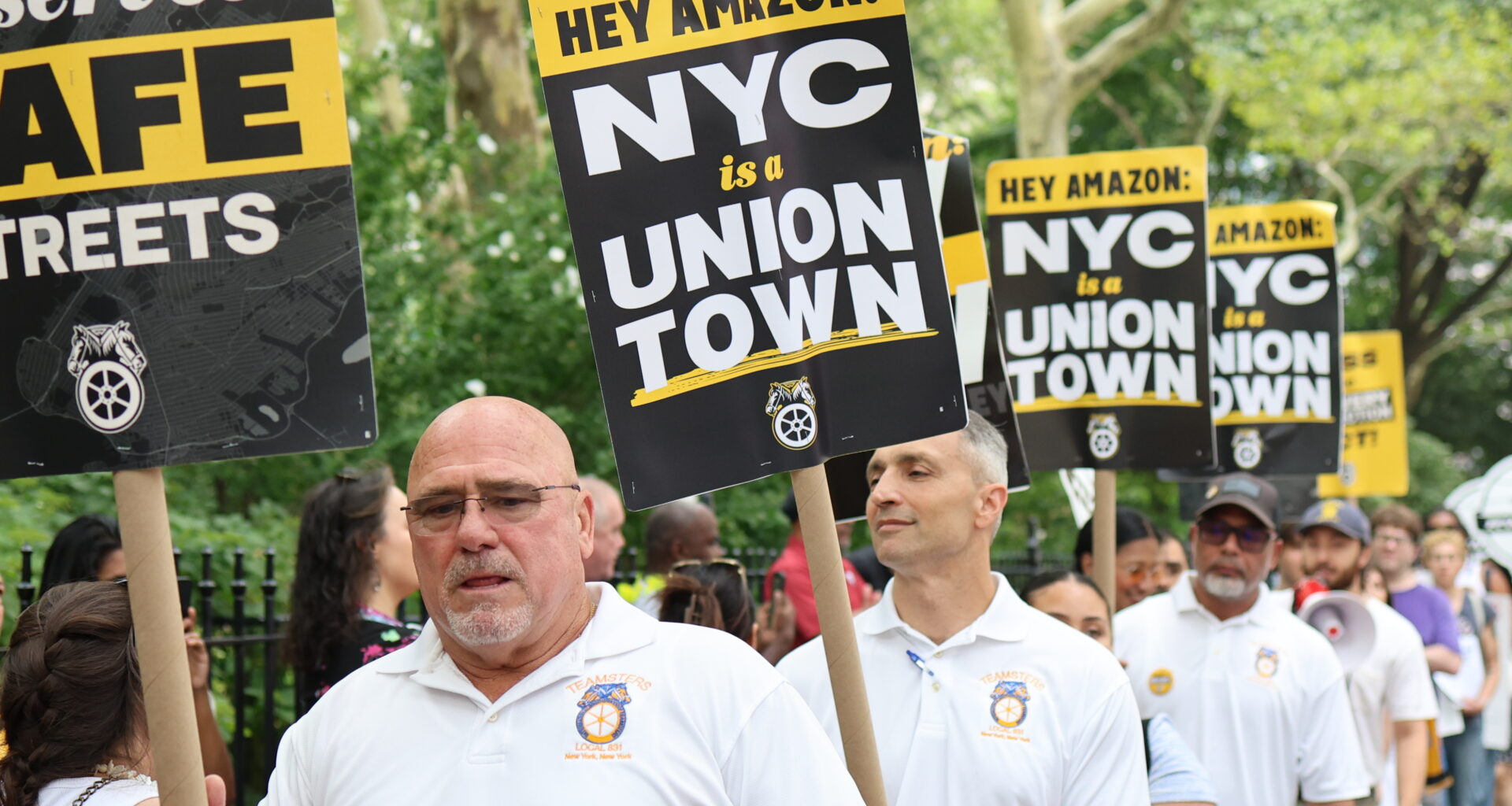 Teamsters rally at New York City Hall in support of the Delivery Protection Act.