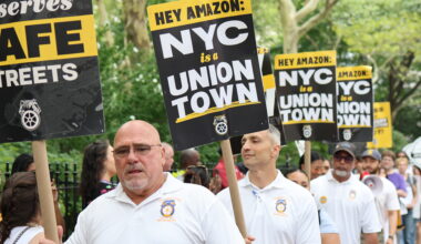 Teamsters rally at New York City Hall in support of the Delivery Protection Act.