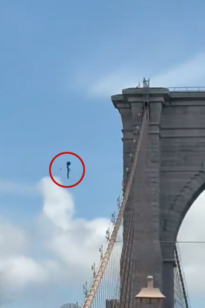A person jumping from the Brooklyn Bridge, circled in red.