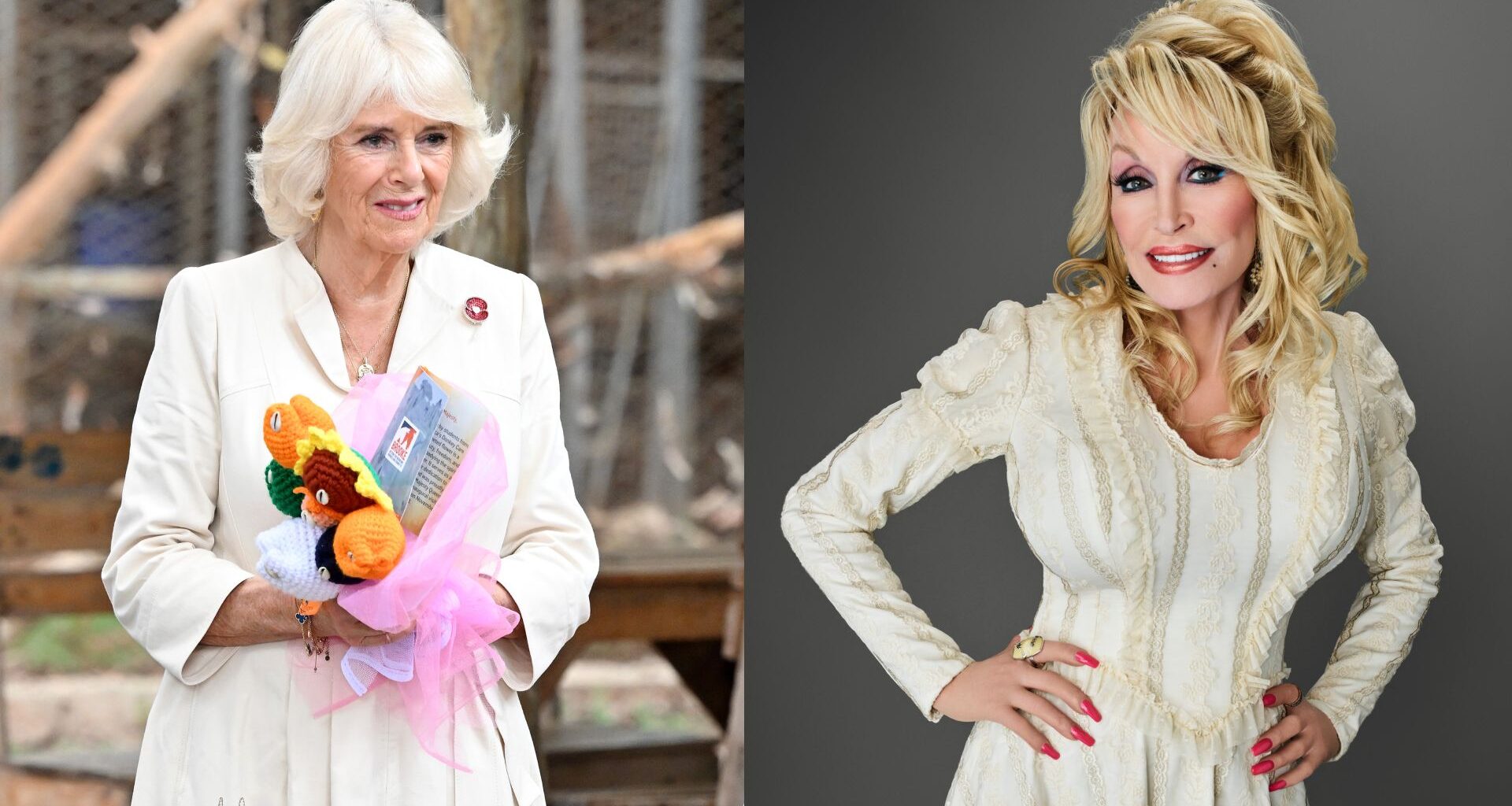 A split image of Queen Camilla holding flowers in a white dress and Dolly Parton posing in a white dress on a gray background