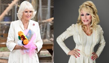 A split image of Queen Camilla holding flowers in a white dress and Dolly Parton posing in a white dress on a gray background