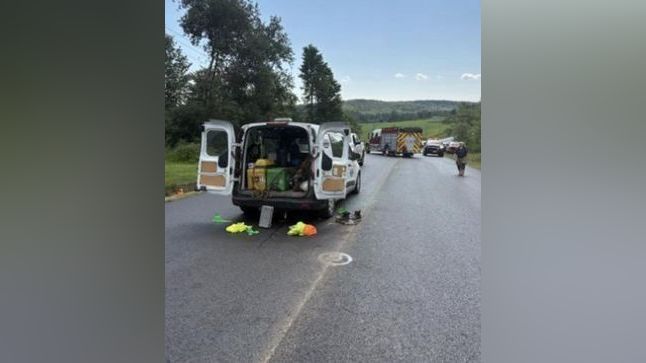 The worker, a 34-year-old man from Monticello, N.Y., was taken to Upstate Medical University, was knocked into an open door of his own vehicle. (Au. 14, 2026) (PHOTO SOURCE: NEW YORK STATE POLICE)