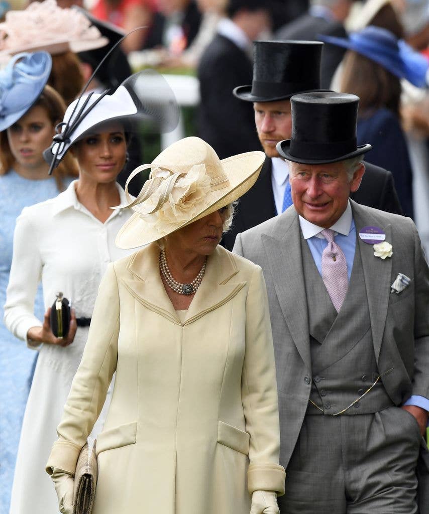 Princess Beatrice,  Meghan, Duchess of Sussex, Camilla, Duchess of Cornwall, Prince Harry, Duke of Sussex and Prince Charles, Prince of Wales attend the first day of Royal Ascot  on June 19, 2018 in Ascot, England.
