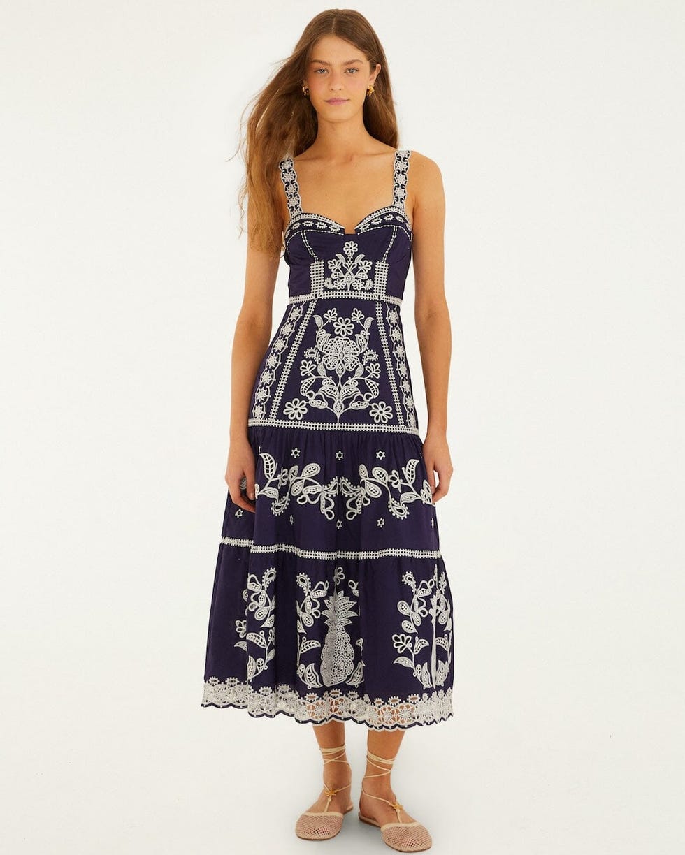 blue richelieu embroidered midi dress