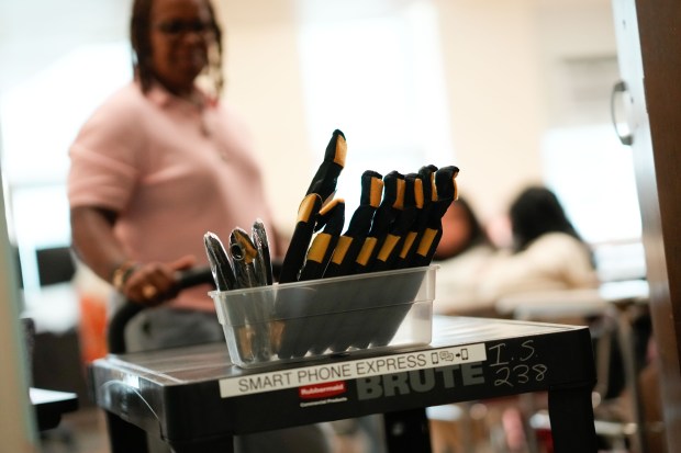 Cell phone pouches are pictured on the first day of school at HBCU Early College Prep High School in Queens, New York, on Thursday, Sept. 4, 2025. (Michael Appleton / Mayoral Photography Office)