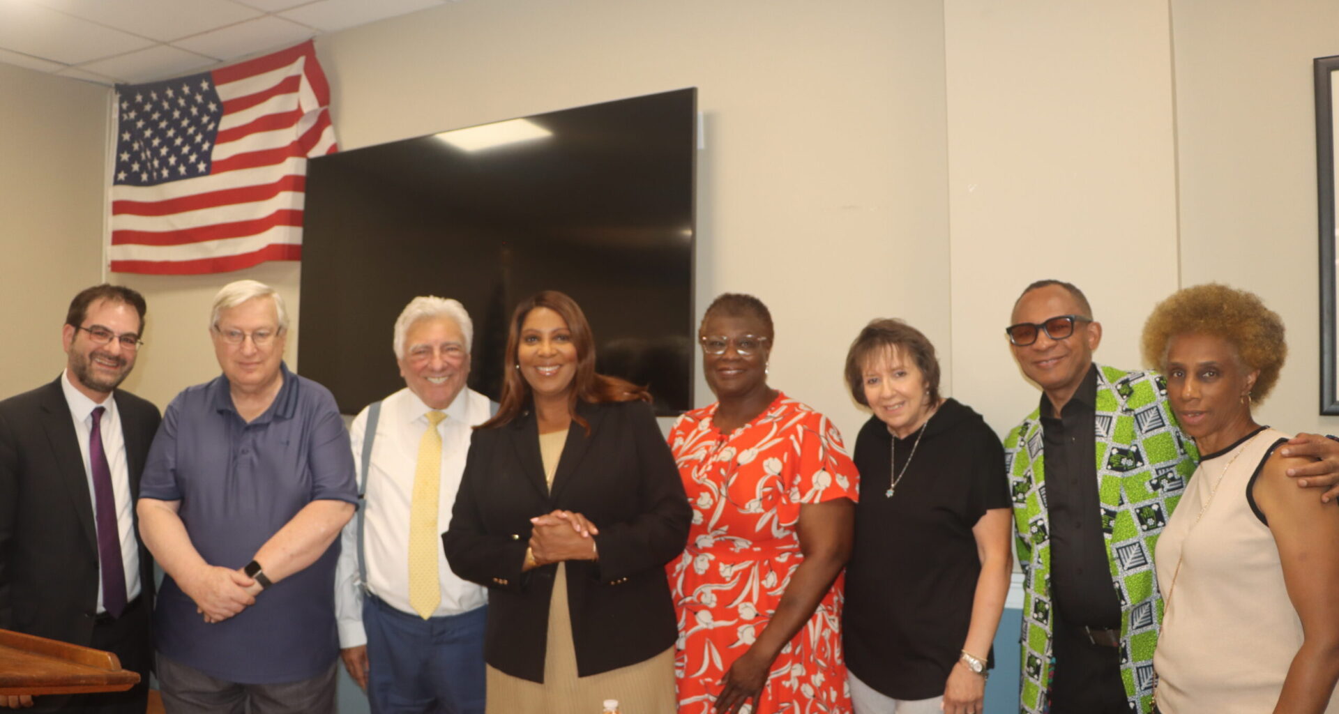 From left: Assemblymember Kalman Yeger, Alan Maisel, Hon. Frank Seddio, Attorney General Letitia James, Sen. Roxanne Persaud, Sue Ann Partnow, 55th District Leader Anthony Jones and Valerie Woodford. Photo: Mario Belluomo/Brooklyn Eagle