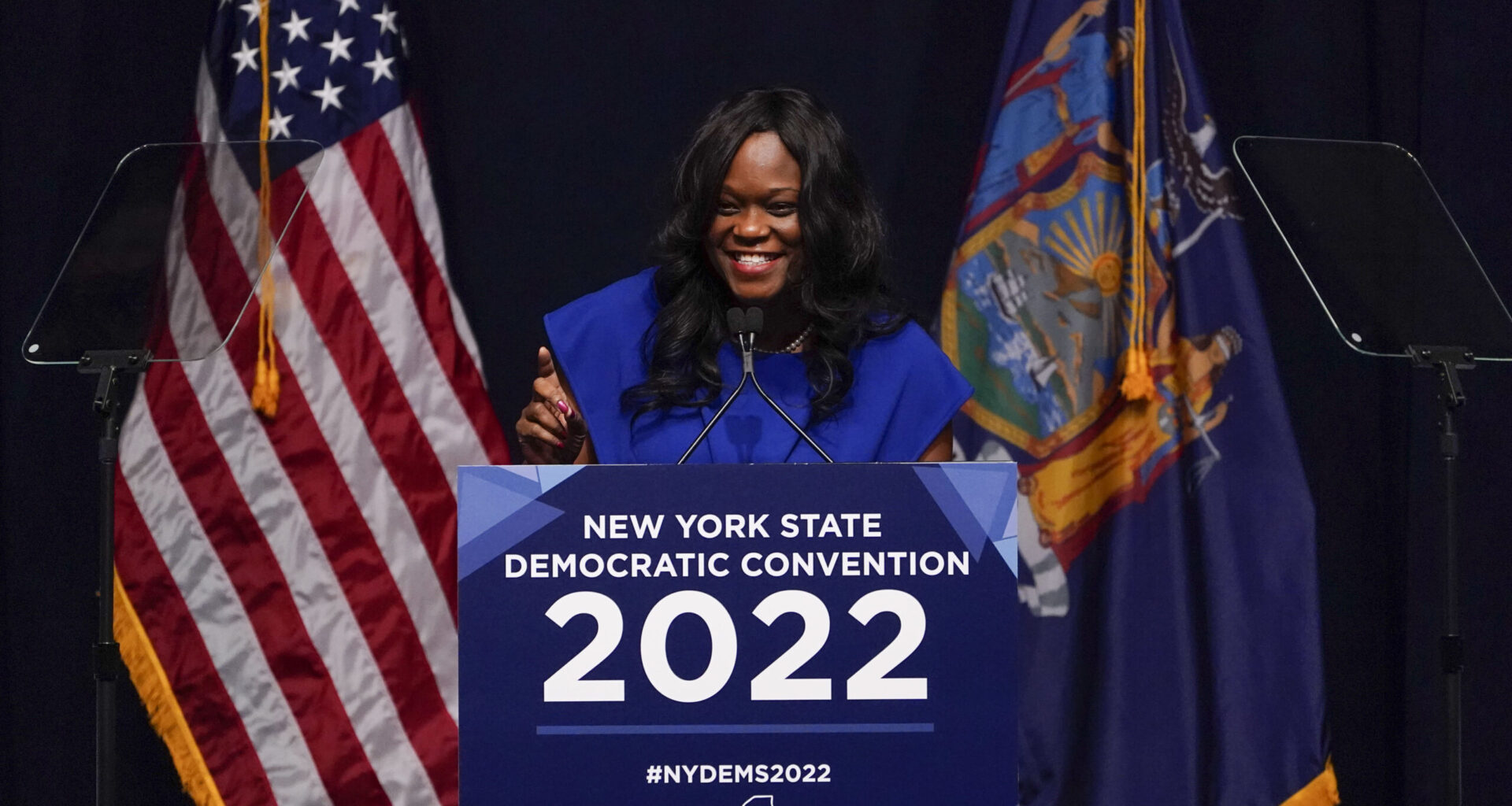 Assemblymember Rodneyse Bichotte Hermelyn speaks during the New York State Democratic Convention in New York, Thursday, Feb. 17, 2022. Photo: Seth Wenig/AP