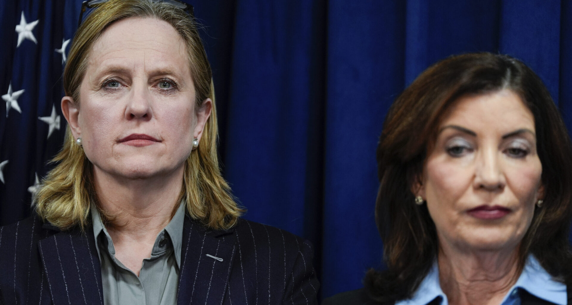 Queens District Attorney Melinda Katz and New York Gov. Kathy Hochul during a press conference on an international stolen merchandise ring, Tuesday, Nov. 26, 2024, in Queens. Photo: Julia Demaree Nikhinson/AP