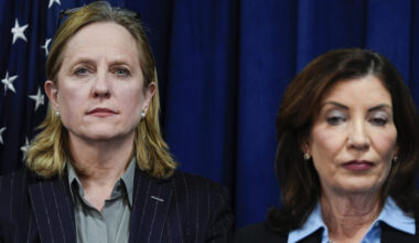 Queens District Attorney Melinda Katz and New York Gov. Kathy Hochul during a press conference on an international stolen merchandise ring, Tuesday, Nov. 26, 2024, in Queens. Photo: Julia Demaree Nikhinson/AP