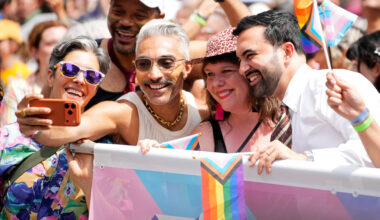 New York Mayor Zohran Mamdani, right, takes a photo with fans during the 57th annual NYC Pride March on Sunday, June 28, 2026, in New York.