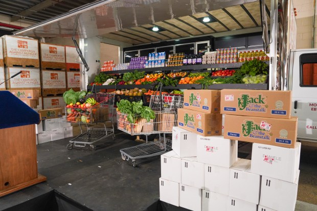 A food stand is seen at an announcement by New York City Mayor Zohran Mamdani of a city-wide, discounted grocery plan for city-run municipal grocery stores, in Brooklyn Monday, July 27, 2026. (AP Photo/Ryan Murphy)