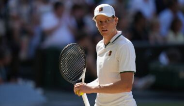 Jannik Sinner, of Italy, celebrates a point against Alexander Zverev, of Germany, in the men's singles final at Wimbledon Tennis Championships in London, July 12, 2026.