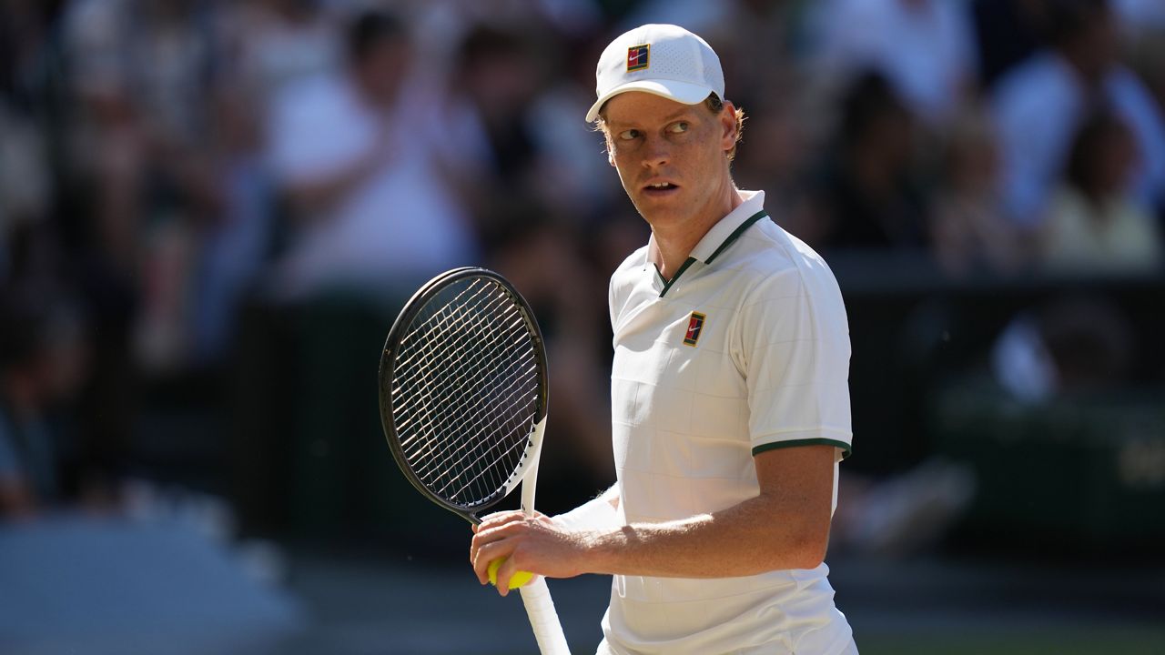 Jannik Sinner, of Italy, celebrates a point against Alexander Zverev, of Germany, in the men's singles final at Wimbledon Tennis Championships in London, July 12, 2026.