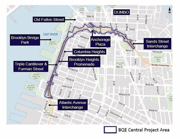 This map shows the city’s BQE Central project area. Diagram: NYCDOT (Diagrams preliminary and subject to change.)