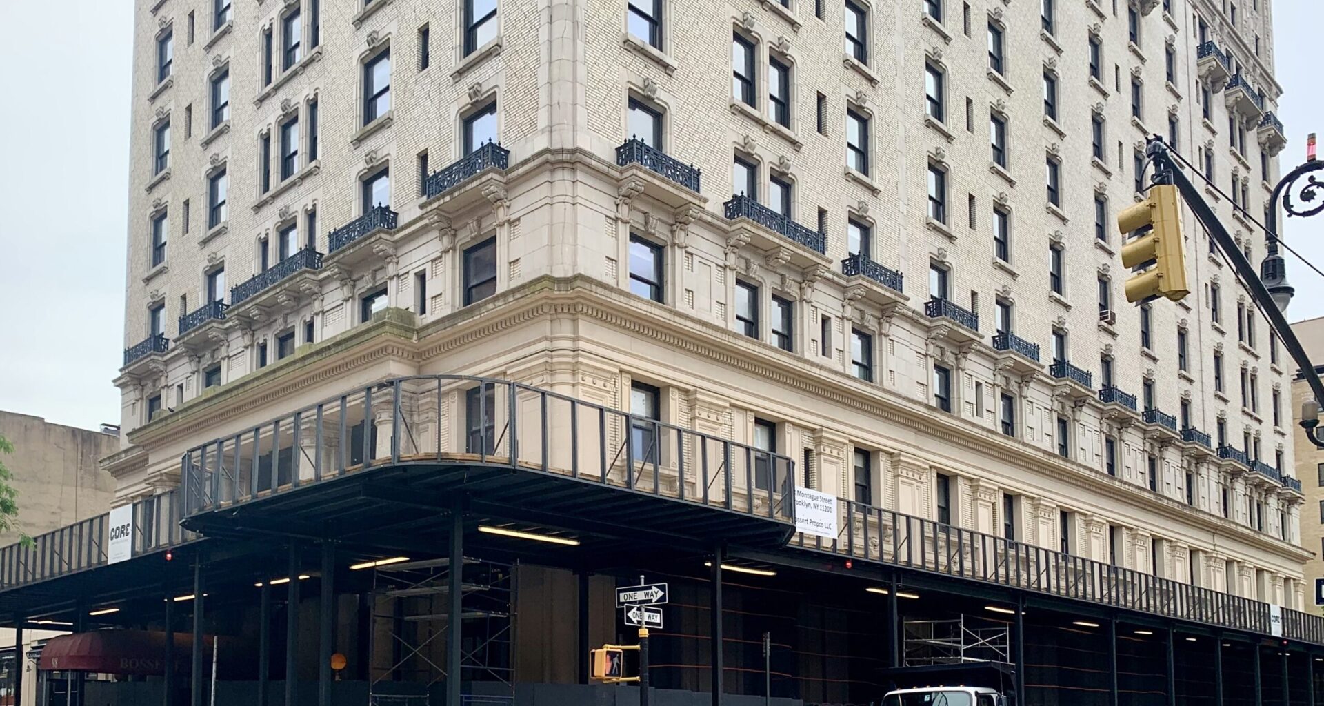 Scaffolding surrounds the former Hotel Bossert at 98 Montague St. as SomeraRoad develops it into luxury condos. Photo: Mary Frost/Brooklyn Eagle