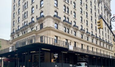 Scaffolding surrounds the former Hotel Bossert at 98 Montague St. as SomeraRoad develops it into luxury condos. Photo: Mary Frost/Brooklyn Eagle