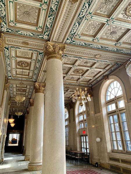 The Hotel Bossert’s opulent grand foyer in 2025 — with its pillars of imported Italian marble and crystal chandeliers. Photo: Mary Frost/Brooklyn Eagle
