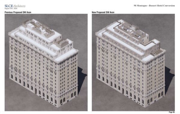 Some of the proposed changes in the Hotel Bossert renovation, as seen from the southwest projection. Rendering: SLCE Architects via LPC
