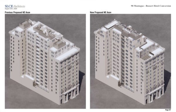 Some of the proposed changes in the Hotel Bossert renovation, as seen from the northeast projection. Rendering: SLCE Architects via LPC