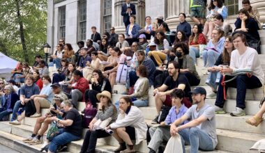 The steps of Brooklyn Borough Hall were a perfect place to take in speakers on the Main Stage at the Brooklyn Book Festival. Photo: Mary Frost, Brooklyn Eagle